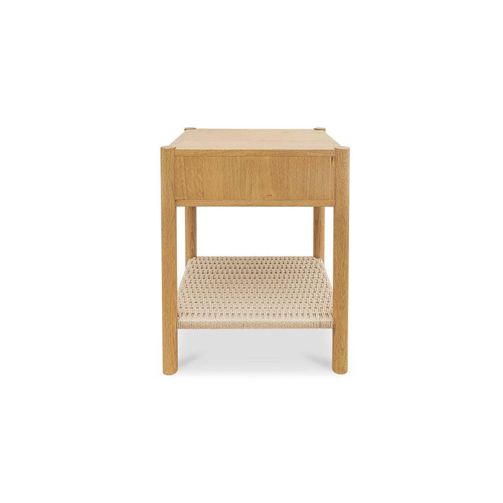 Table de chevet discrète en corde de papier tressée et chêne massif avec tiroir à fermeture amortie et étagère ouverte pour chambre à coucher