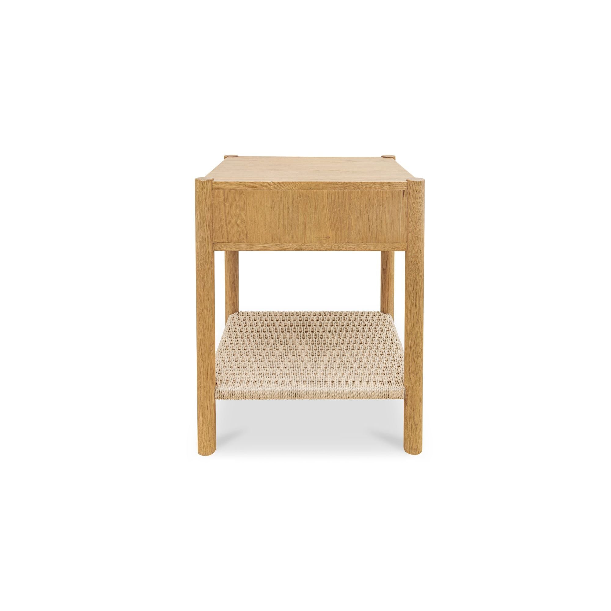 Table de chevet discrète en corde de papier tressée et chêne massif avec tiroir à fermeture amortie et étagère ouverte pour chambre à coucher