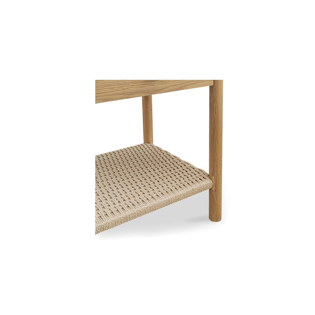 Table de chevet discrète en corde de papier tressée et chêne massif avec tiroir à fermeture amortie et étagère ouverte pour chambre à coucher