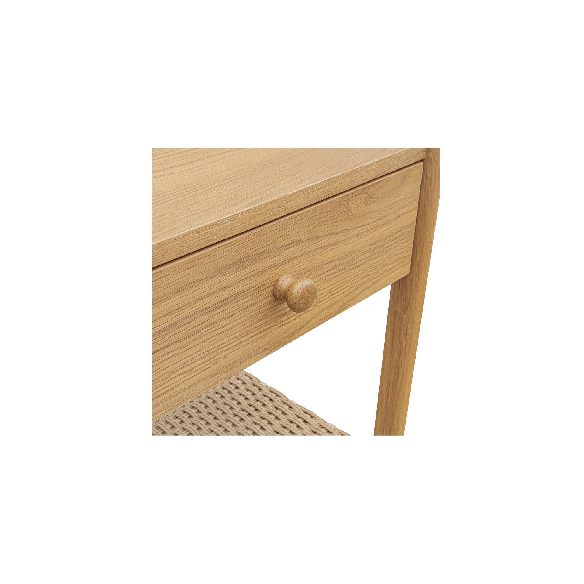 Table de chevet discrète en corde de papier tressée et chêne massif avec tiroir à fermeture amortie et étagère ouverte pour chambre à coucher