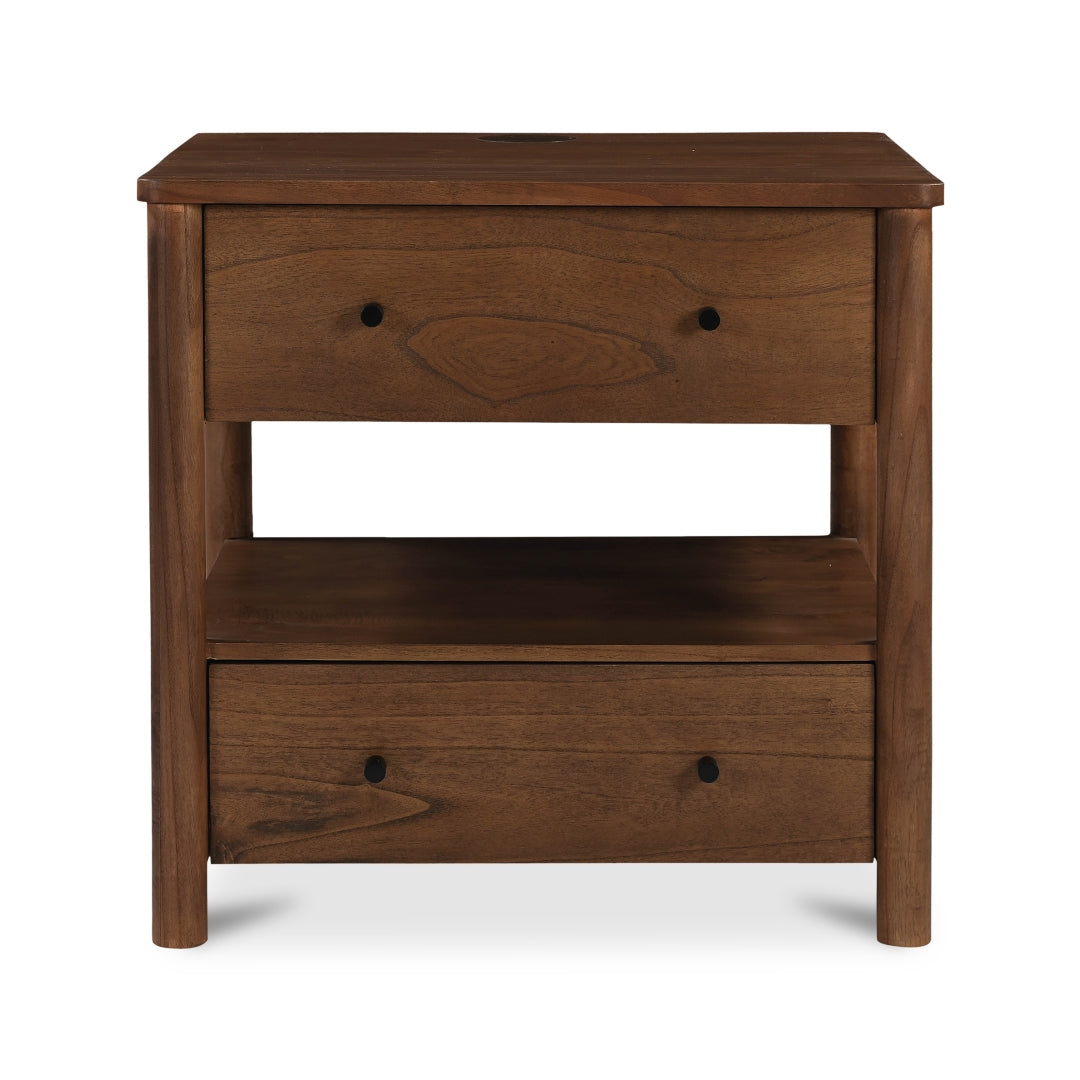 Table de chevet à recharge sans fil Smart en bois de neem et placage de manguier avec deux tiroirs pour chambre à coucher