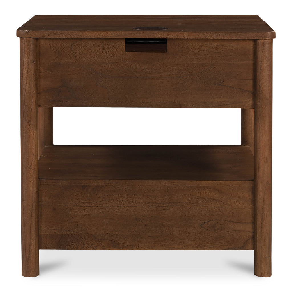 Table de chevet à recharge sans fil Smart en bois de neem et placage de manguier avec deux tiroirs pour chambre à coucher