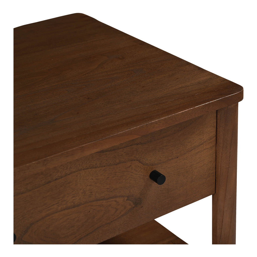 Table de chevet à recharge sans fil Smart en bois de neem et placage de manguier avec deux tiroirs pour chambre à coucher