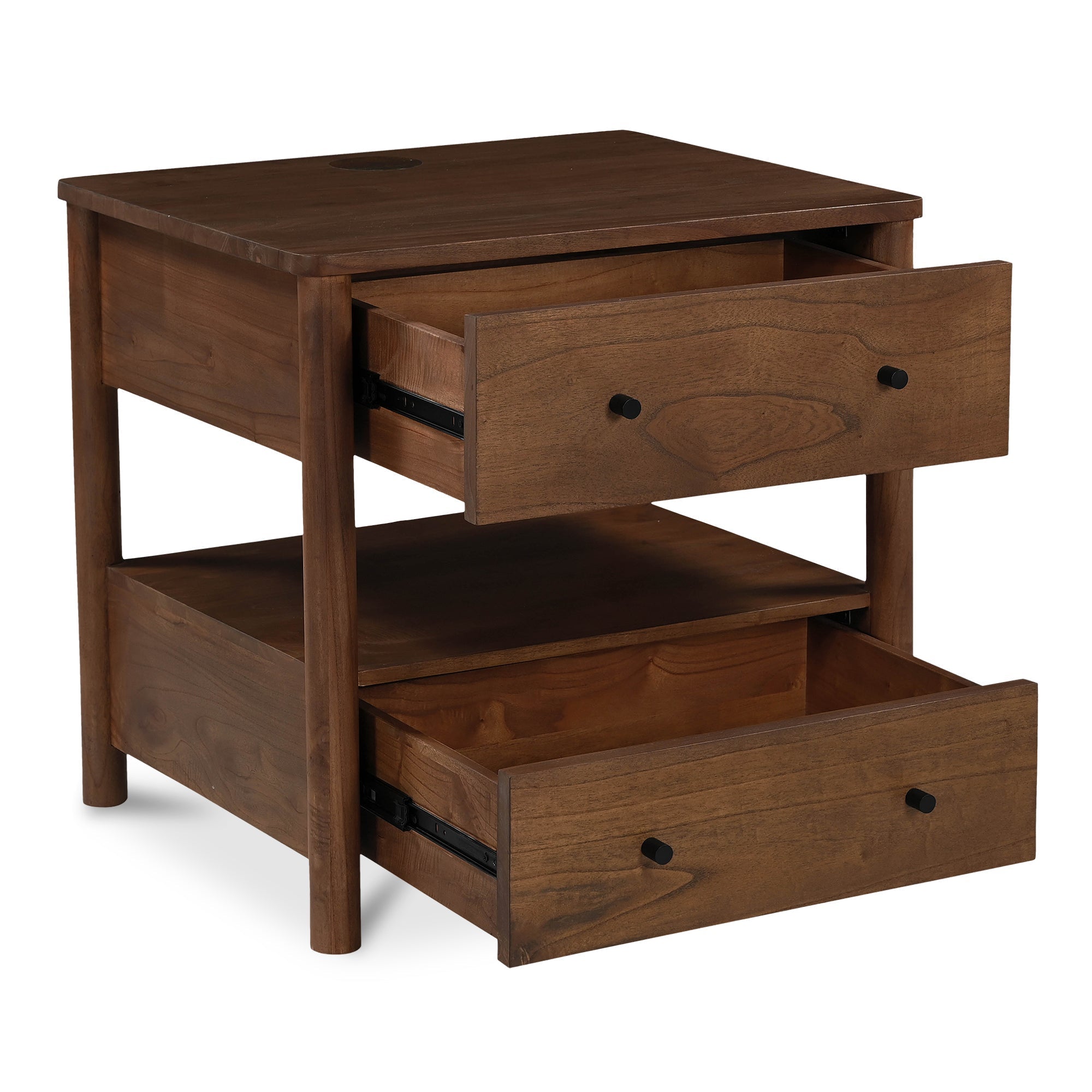 Table de chevet à recharge sans fil Smart en bois de neem et placage de manguier avec deux tiroirs pour chambre à coucher