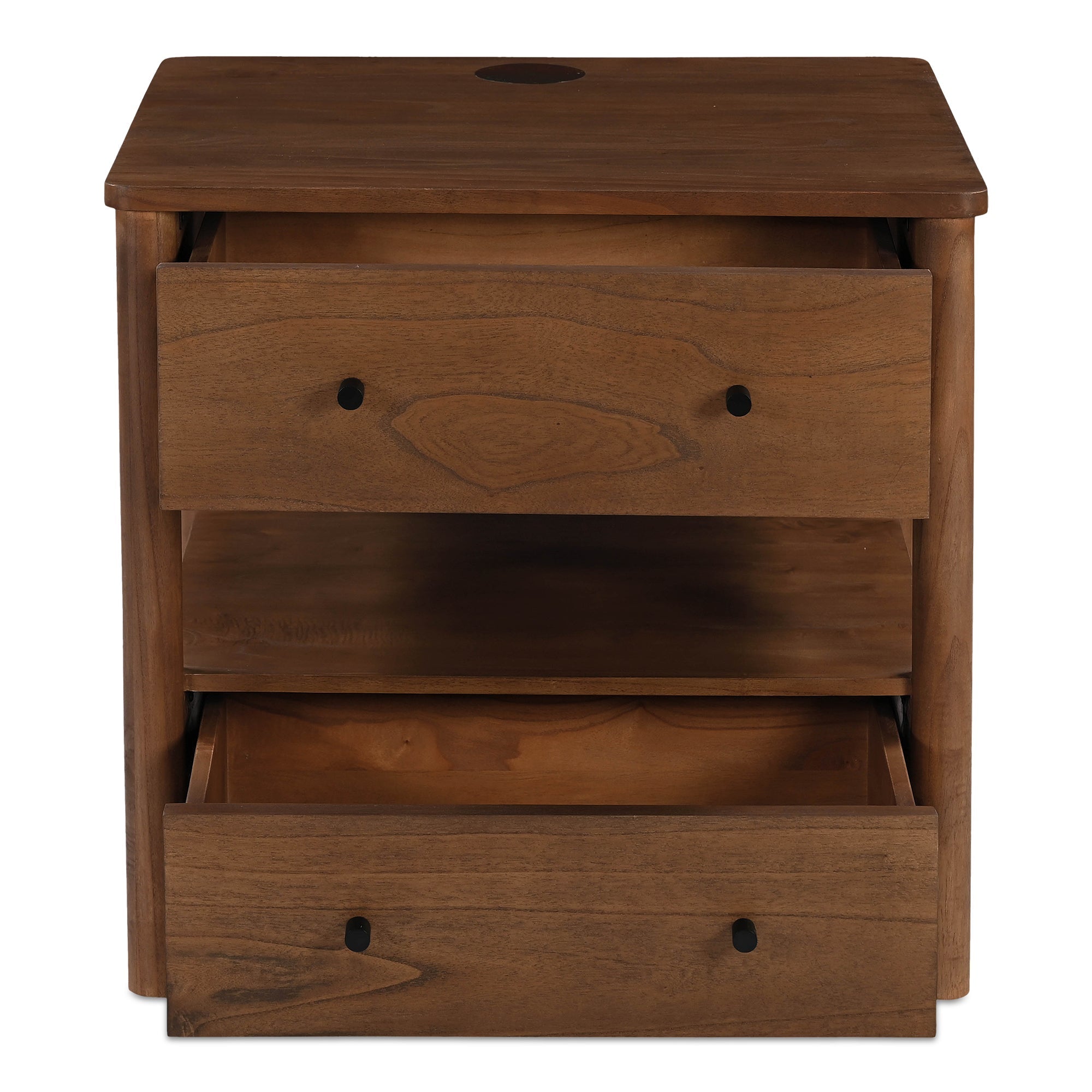 Table de chevet à recharge sans fil Smart en bois de neem et placage de manguier avec deux tiroirs pour chambre à coucher