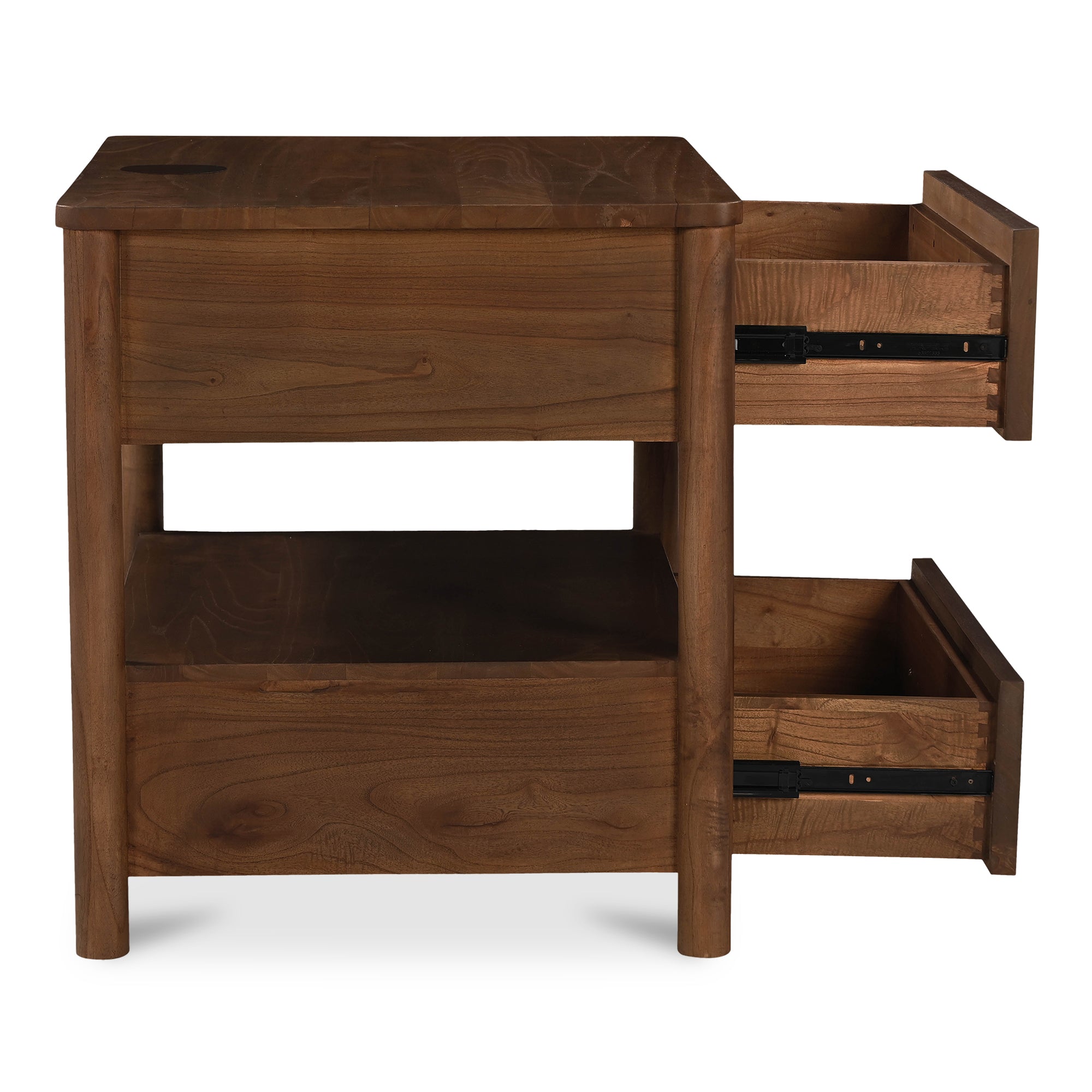 Table de chevet à recharge sans fil Smart en bois de neem et placage de manguier avec deux tiroirs pour chambre à coucher