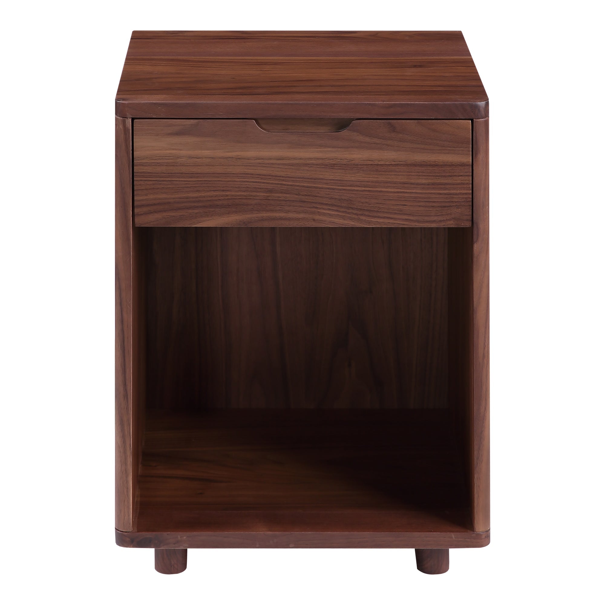 Table de chevet minimaliste en chêne massif avec poignée découpée et zone d'affichage ouverte pour chambre à coucher