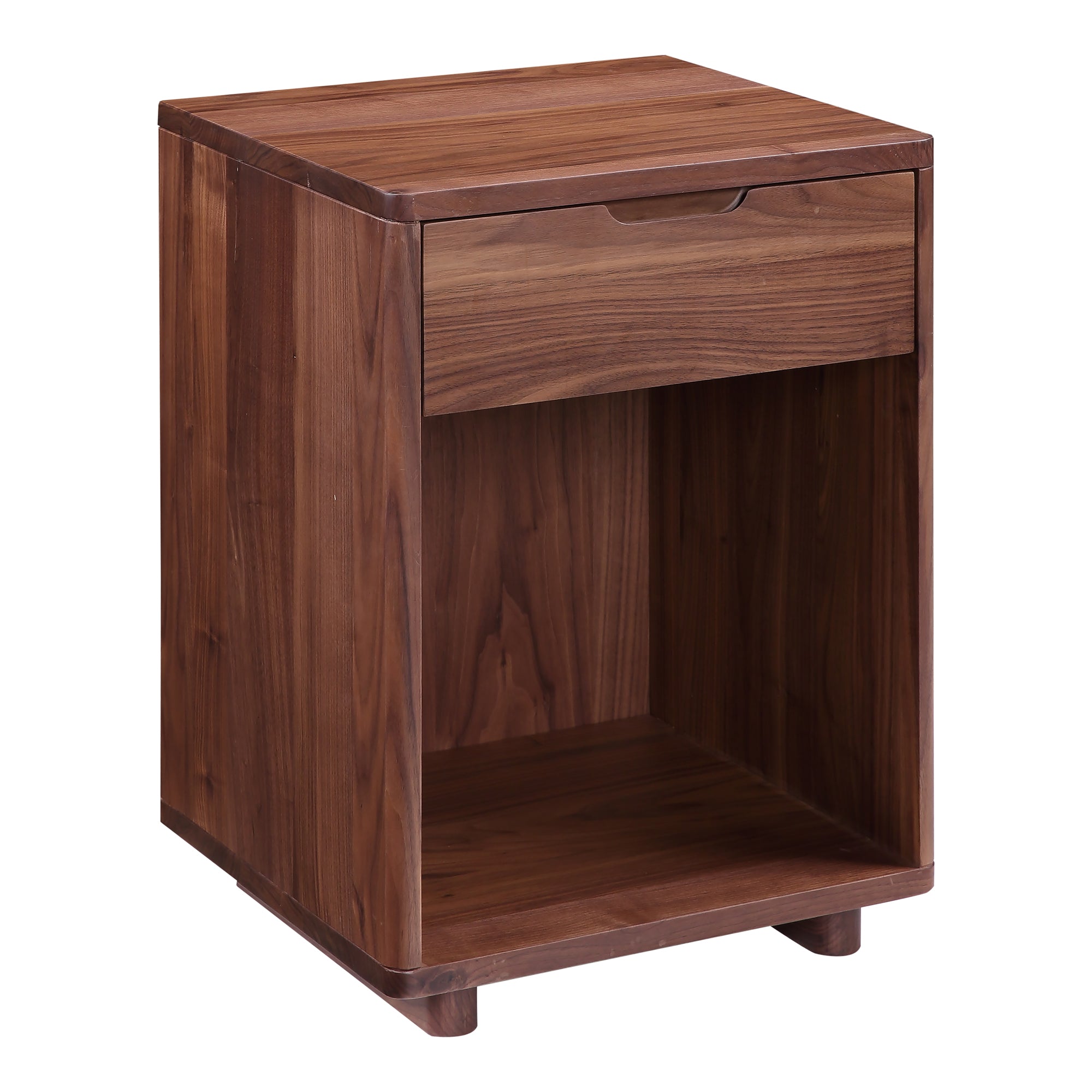 Table de chevet minimaliste en chêne massif avec poignée découpée et zone d'affichage ouverte pour chambre à coucher