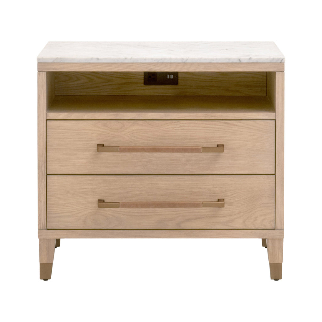 Table de chevet transitionnelle en chêne massif et cuir avec ports USB, prise de courant et deux tiroirs pour chambre à coucher