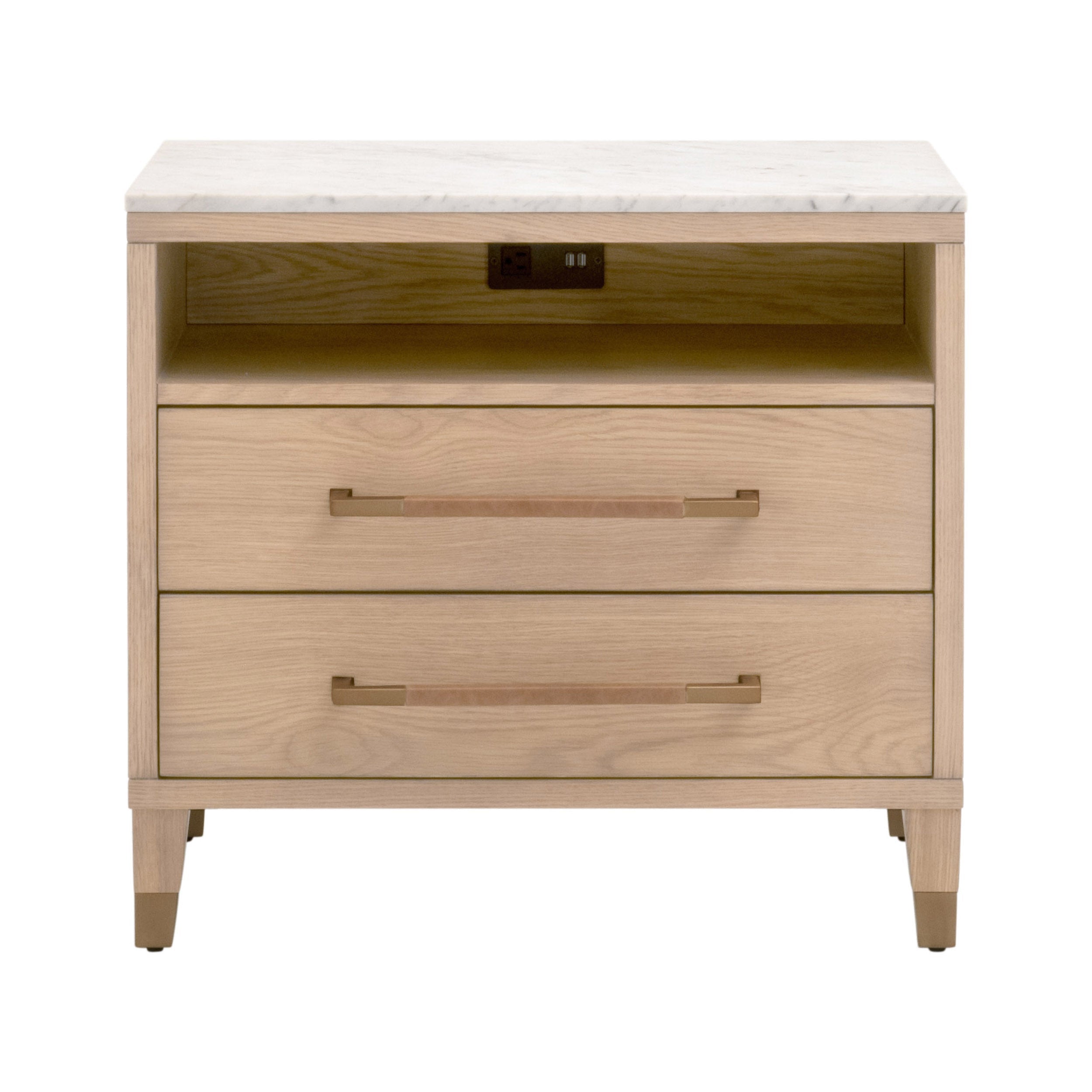Table de chevet transitionnelle en chêne massif et cuir avec ports USB, prise de courant et deux tiroirs pour chambre à coucher