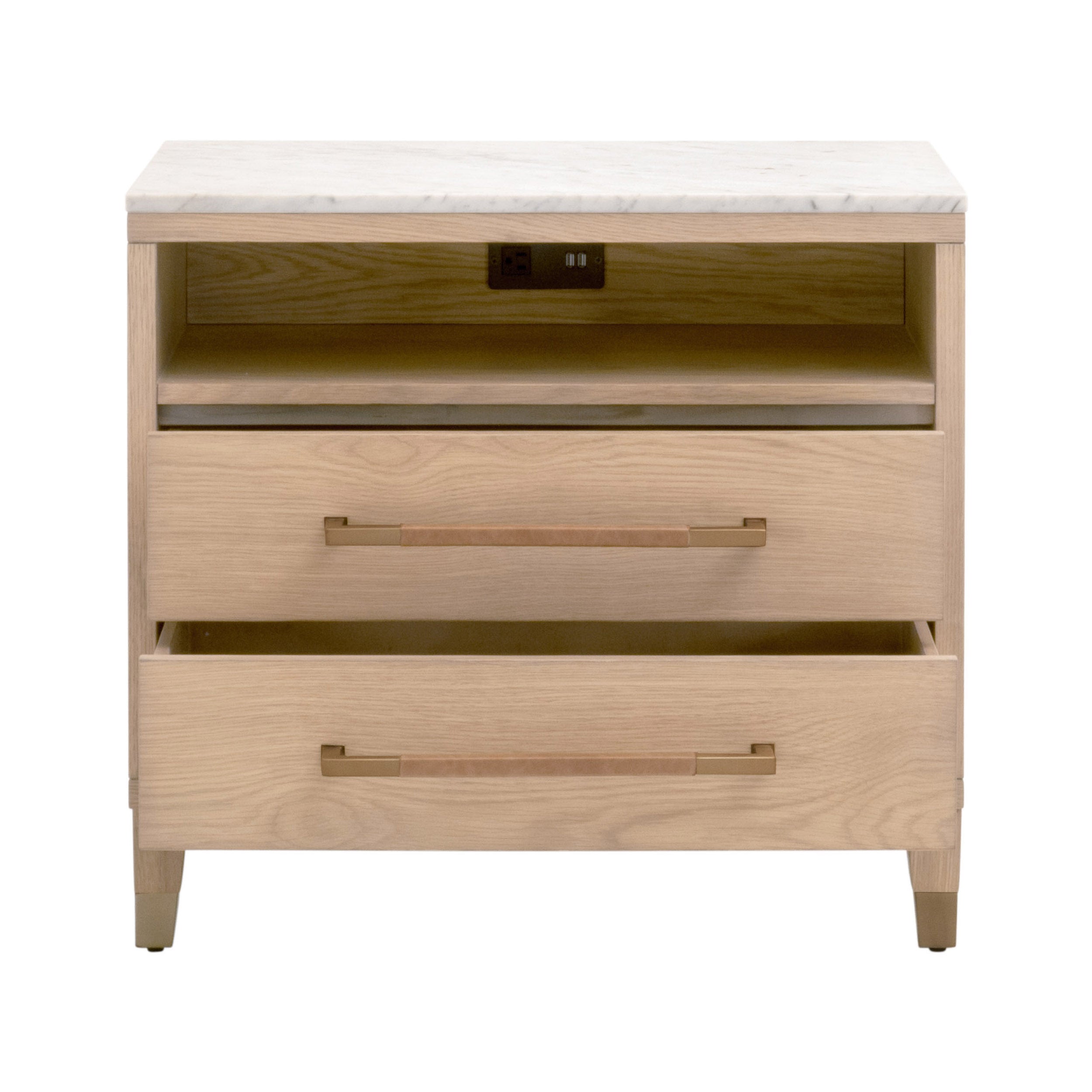Table de chevet transitionnelle en chêne massif et cuir avec ports USB, prise de courant et deux tiroirs pour chambre à coucher