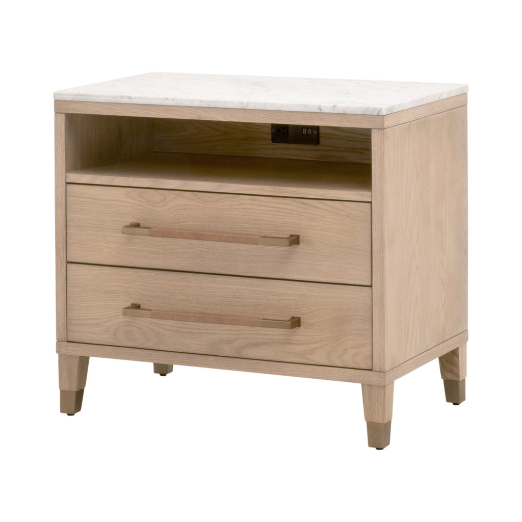 Table de chevet transitionnelle en chêne massif et cuir avec ports USB, prise de courant et deux tiroirs pour chambre à coucher
