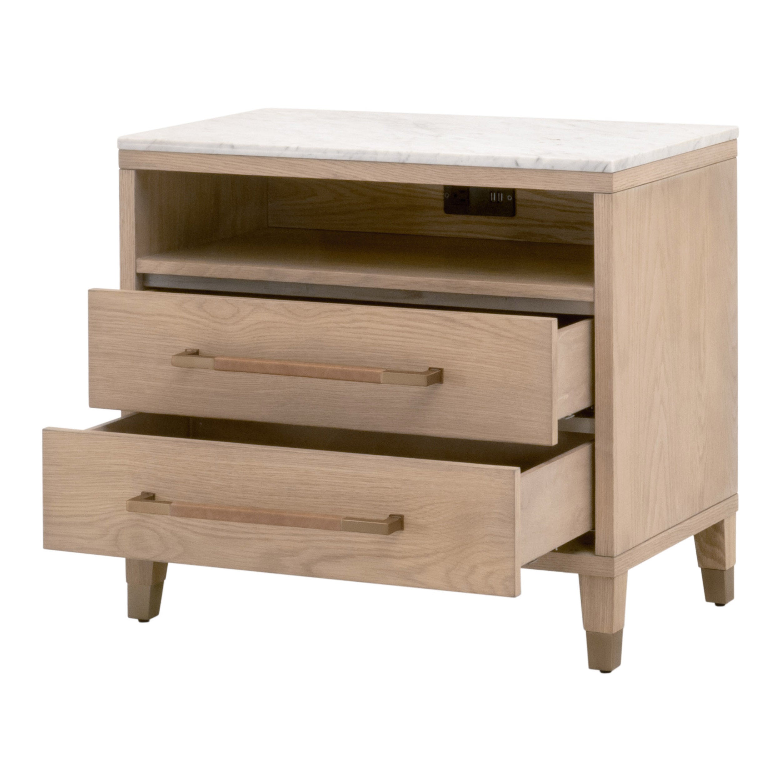 Table de chevet transitionnelle en chêne massif et cuir avec ports USB, prise de courant et deux tiroirs pour chambre à coucher