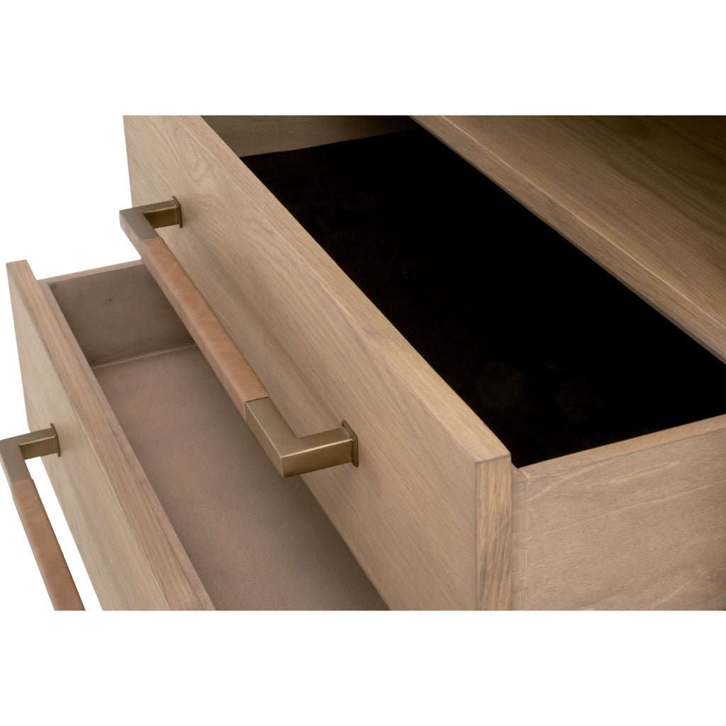 Table de chevet transitionnelle en chêne massif et cuir avec ports USB, prise de courant et deux tiroirs pour chambre à coucher