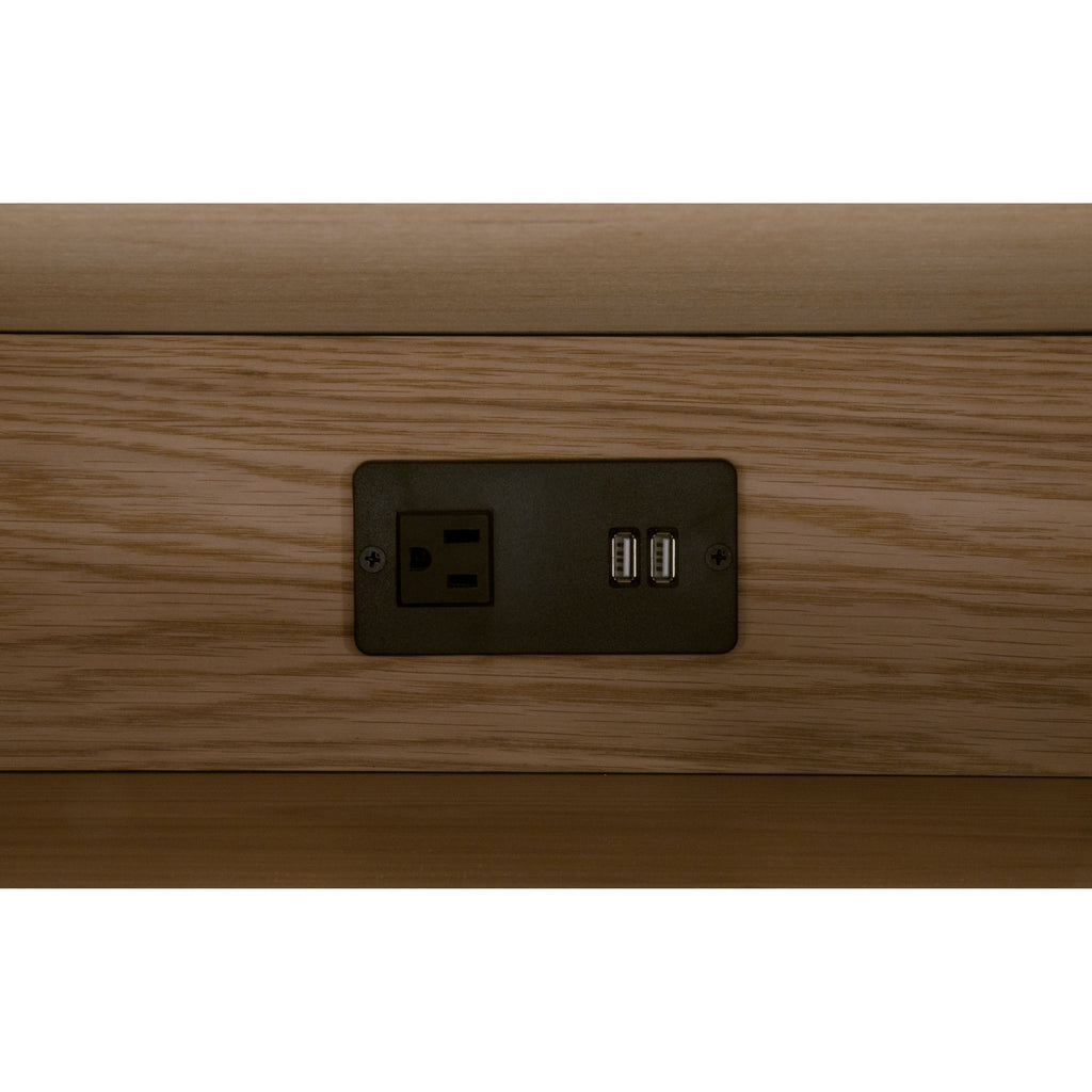 Table de chevet transitionnelle en chêne massif et cuir avec ports USB, prise de courant et deux tiroirs pour chambre à coucher