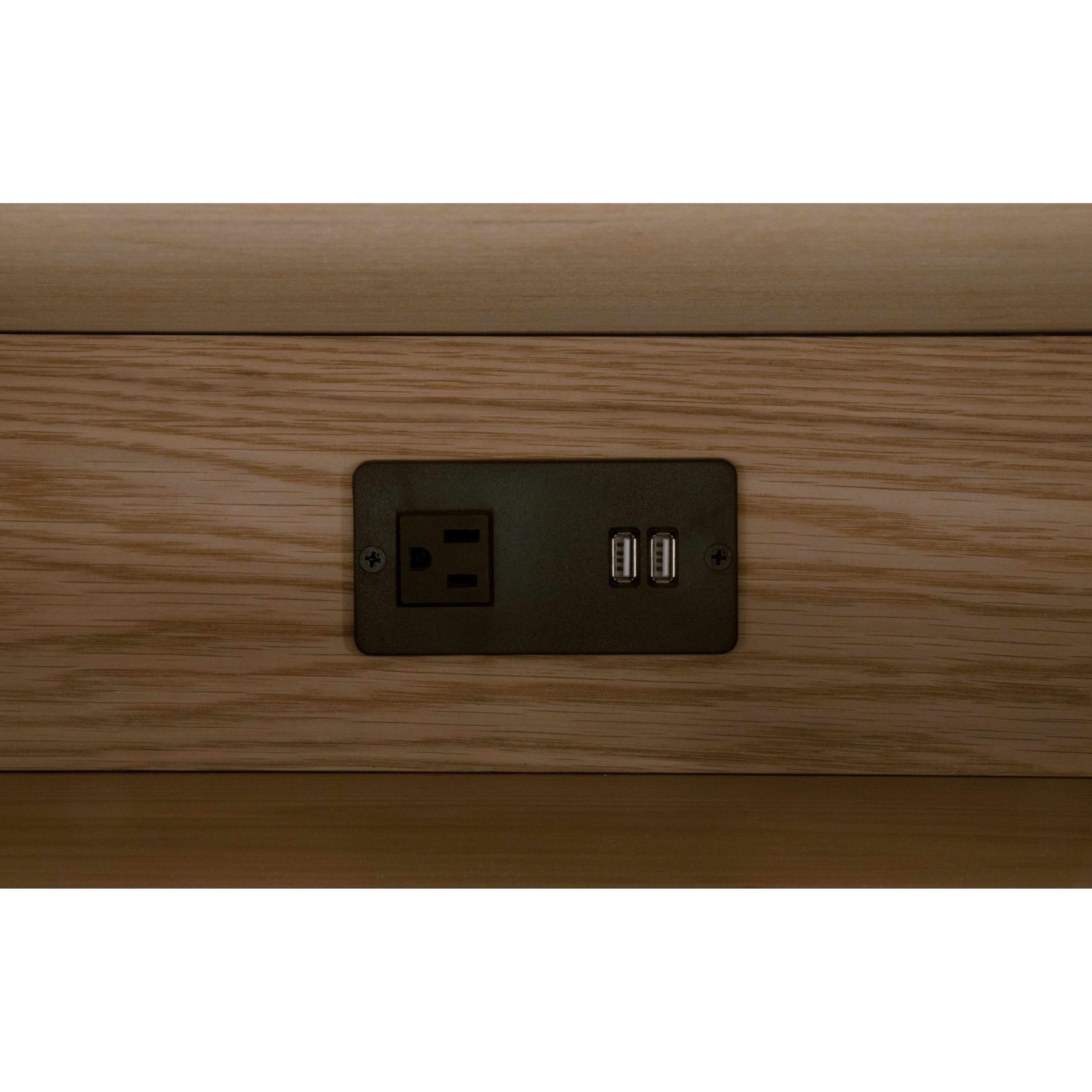 Table de chevet transitionnelle en chêne massif et cuir avec ports USB, prise de courant et deux tiroirs pour chambre à coucher