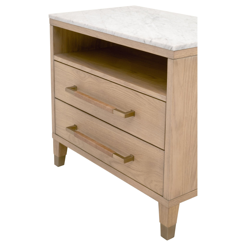 Table de chevet transitionnelle en chêne massif et cuir avec ports USB, prise de courant et deux tiroirs pour chambre à coucher