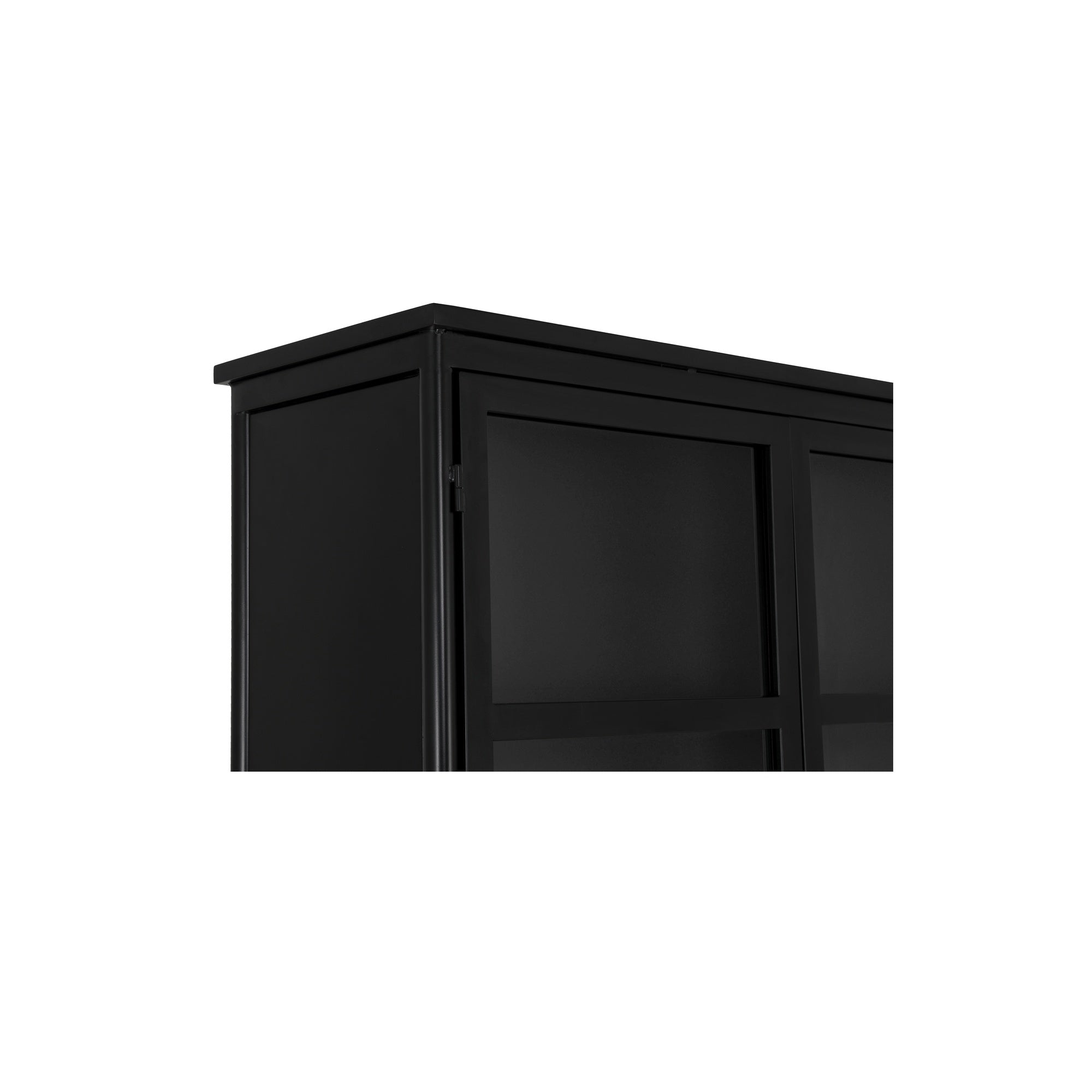 Meuble haut de transition en métal noir mat et verre avec étagères réglables et découpes pour câbles pour le salon ou le bureau