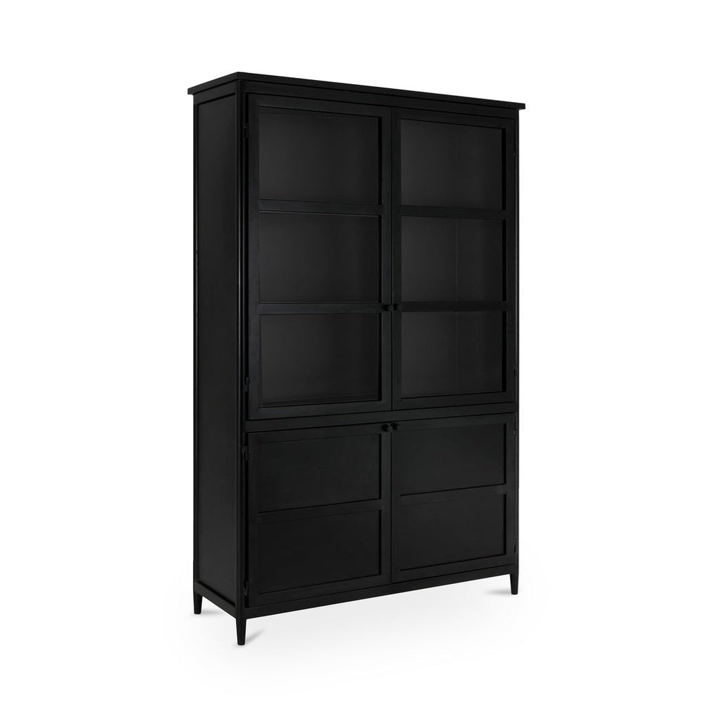 Meuble haut de transition en métal noir mat et verre avec étagères réglables et découpes pour câbles pour le salon ou le bureau