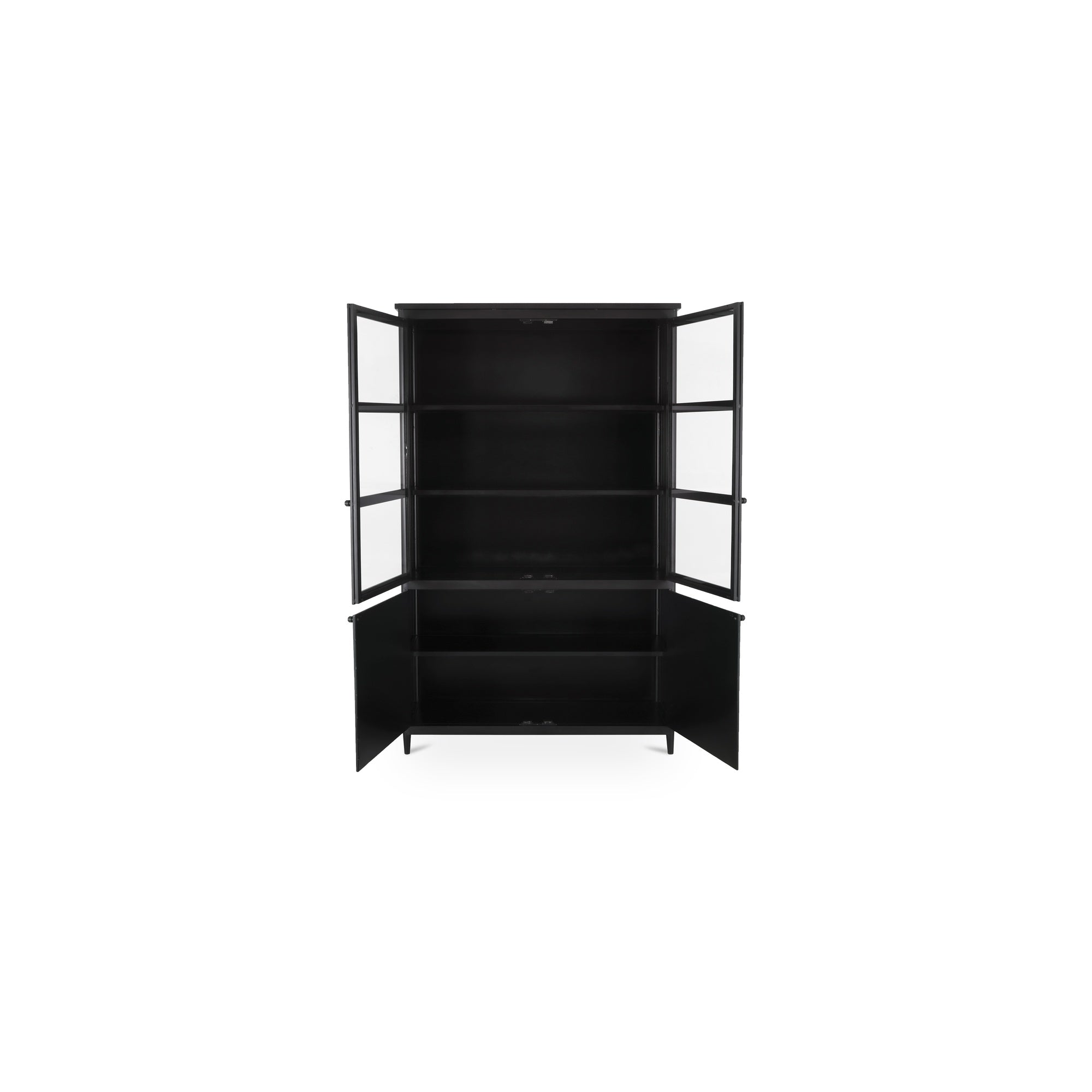 Meuble haut de transition en métal noir mat et verre avec étagères réglables et découpes pour câbles pour le salon ou le bureau