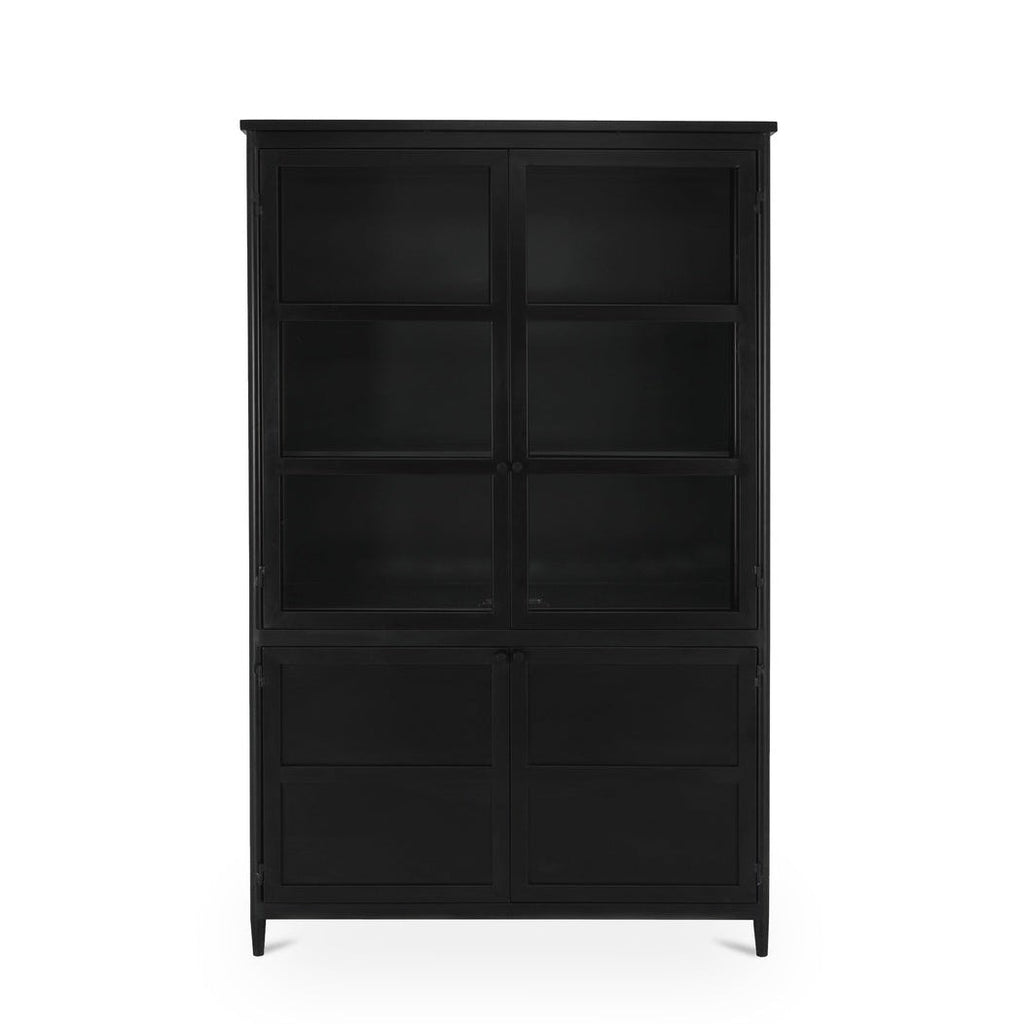 Meuble haut de transition en métal noir mat et verre avec étagères réglables et découpes pour câbles pour le salon ou le bureau