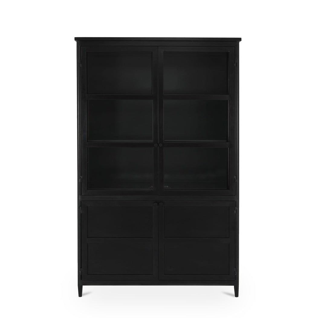 Meuble haut de transition en métal noir mat et verre avec étagères réglables et découpes pour câbles pour le salon ou le bureau