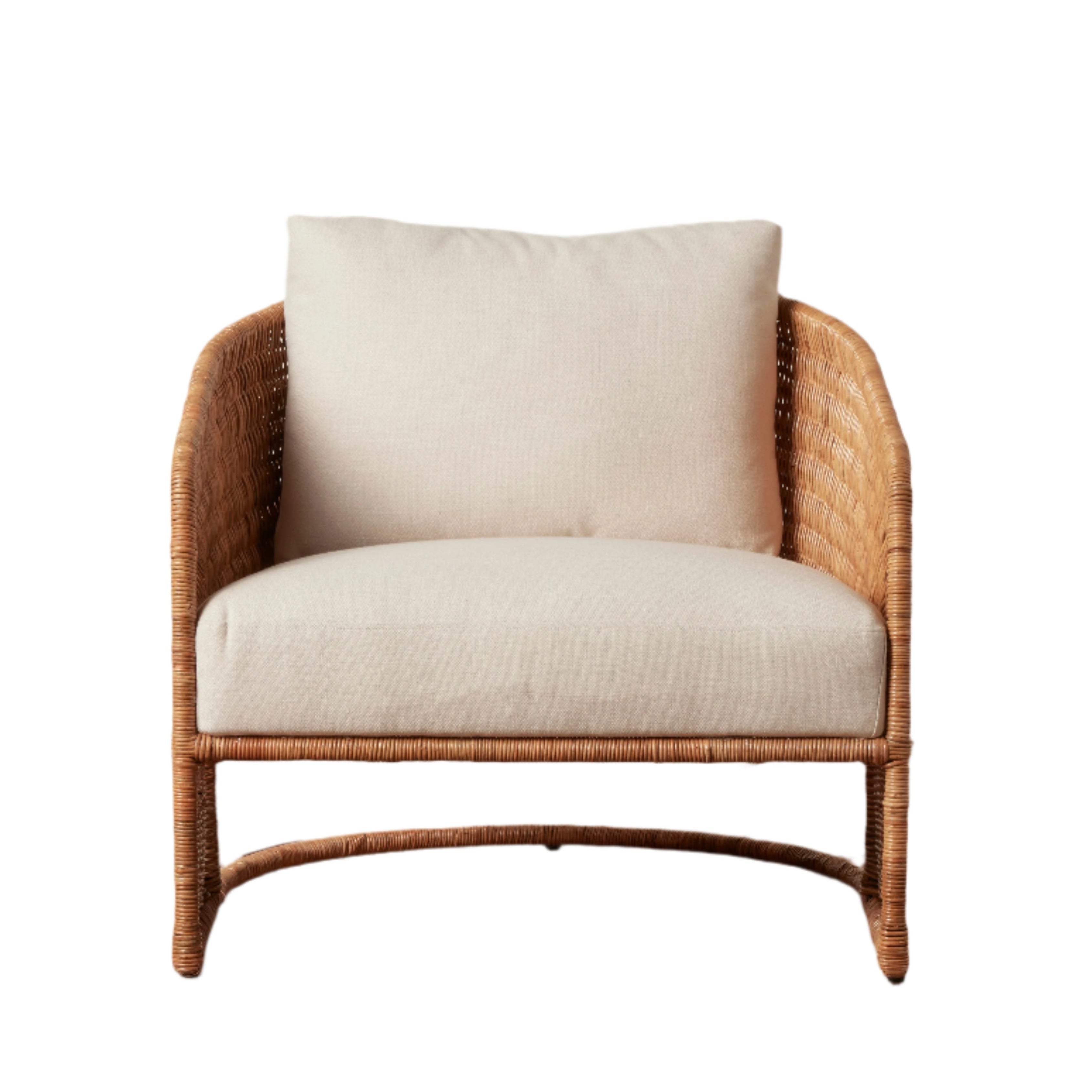 Fauteuil lounge en rotin et lin d'inspiration vintage, avec dossier incurvé, pour le salon
