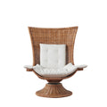 Fauteuil pivotant d'extérieur haut dossier en rotin indonés tressé et tissu bouclette, avec coussin recyclé pour patio