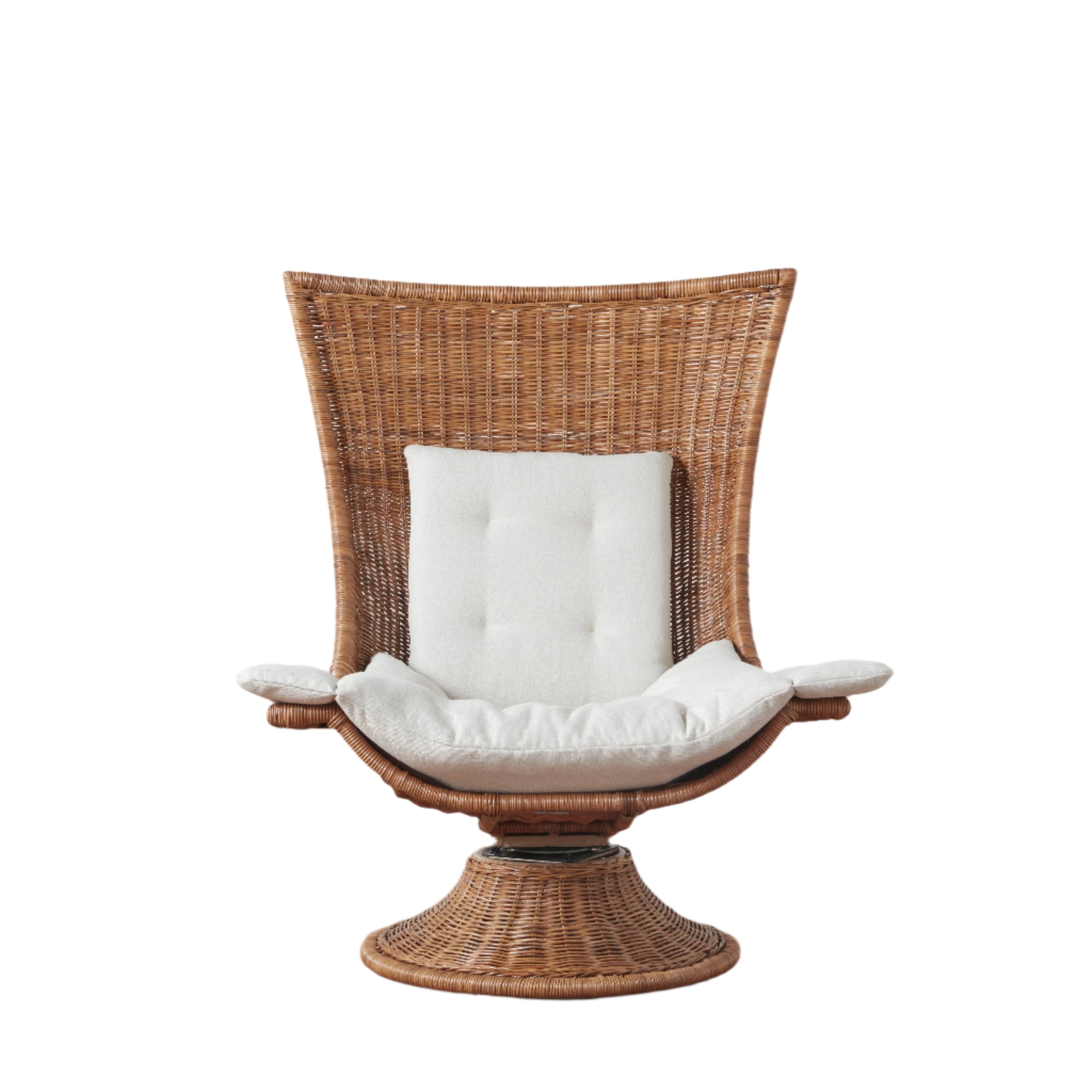 Fauteuil pivotant d'extérieur haut dossier en rotin indonés tressé et tissu bouclette, avec coussin recyclé pour patio