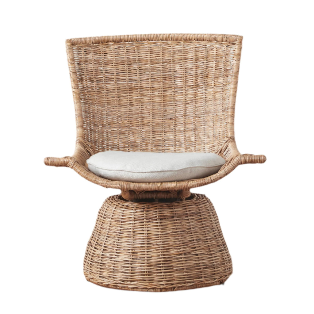 Fauteuil pivotant de petite taille, style Mid-Century Modern, en rotin et lin, idéal pour une chambre ou un bureau