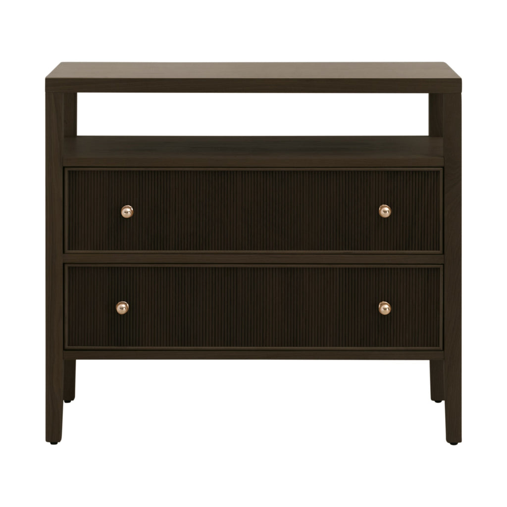 Table de chevet transitionnelle en chêne massif 2 tiroirs avec façades cannelées et étagère ouverte pour chambre à coucher