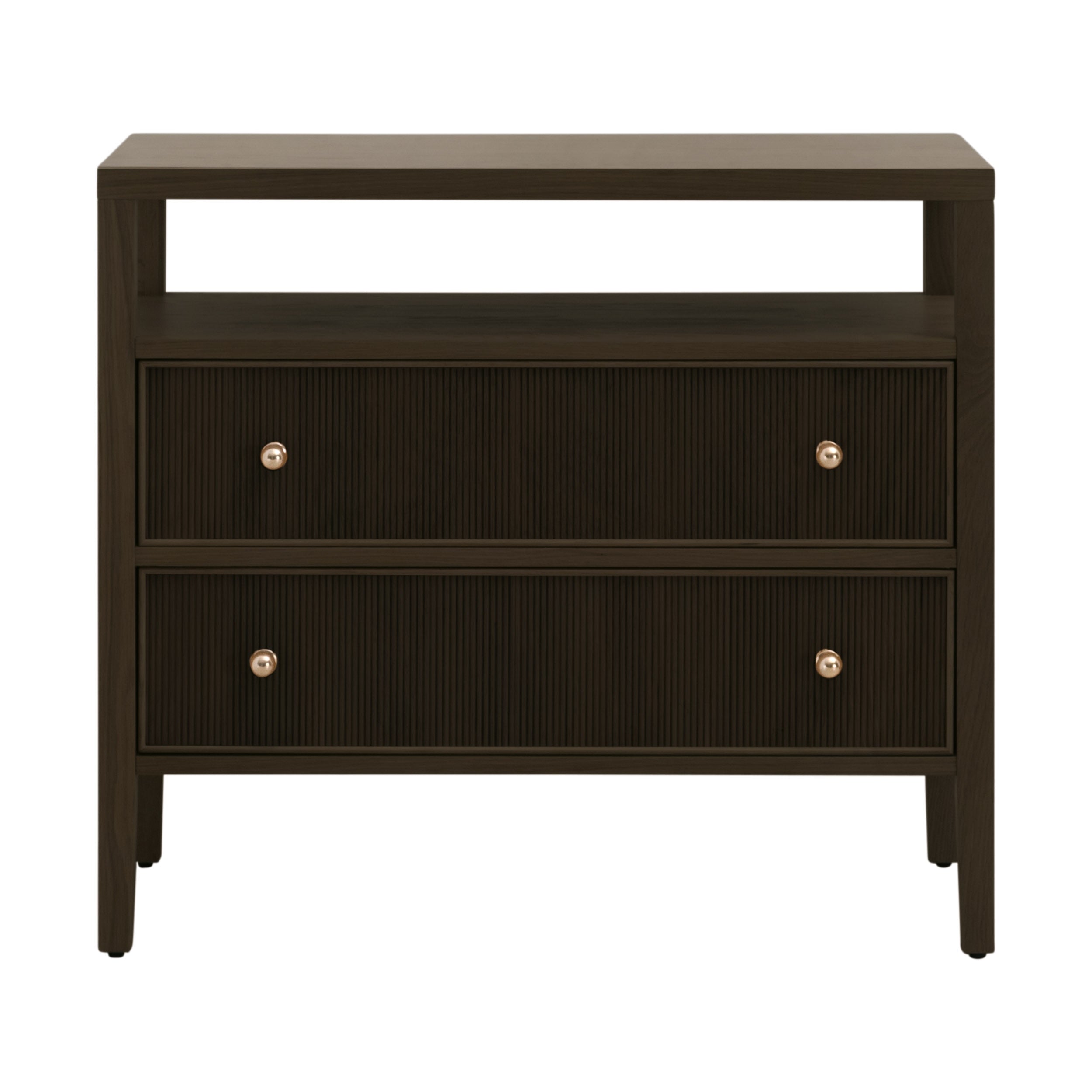 Table de chevet transitionnelle en chêne massif 2 tiroirs avec façades cannelées et étagère ouverte pour chambre à coucher