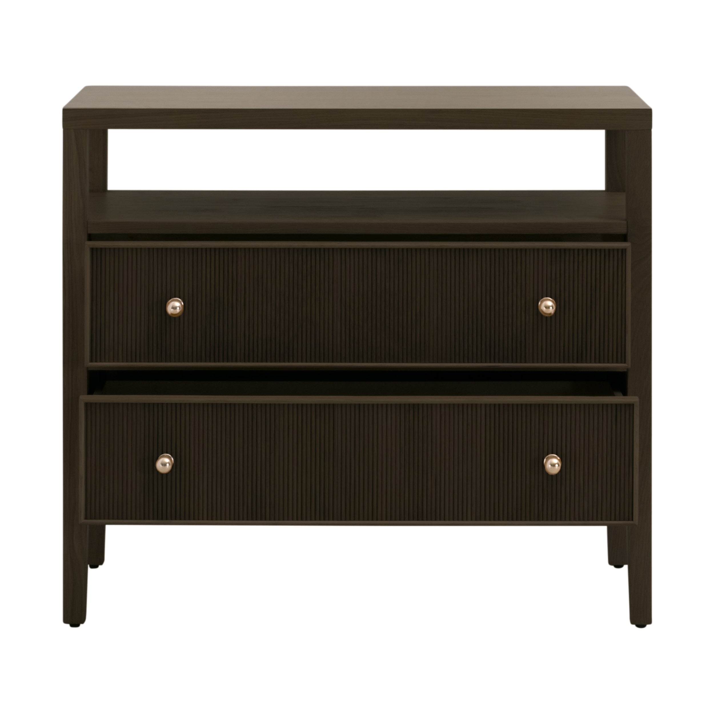 Table de chevet transitionnelle en chêne massif 2 tiroirs avec façades cannelées et étagère ouverte pour chambre à coucher
