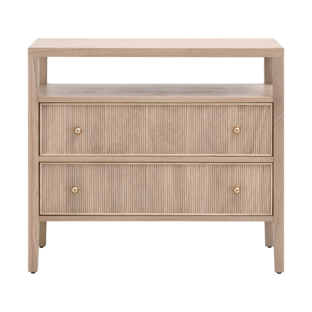 Table de chevet transitionnelle en chêne massif 2 tiroirs avec façades cannelées et étagère ouverte pour chambre à coucher