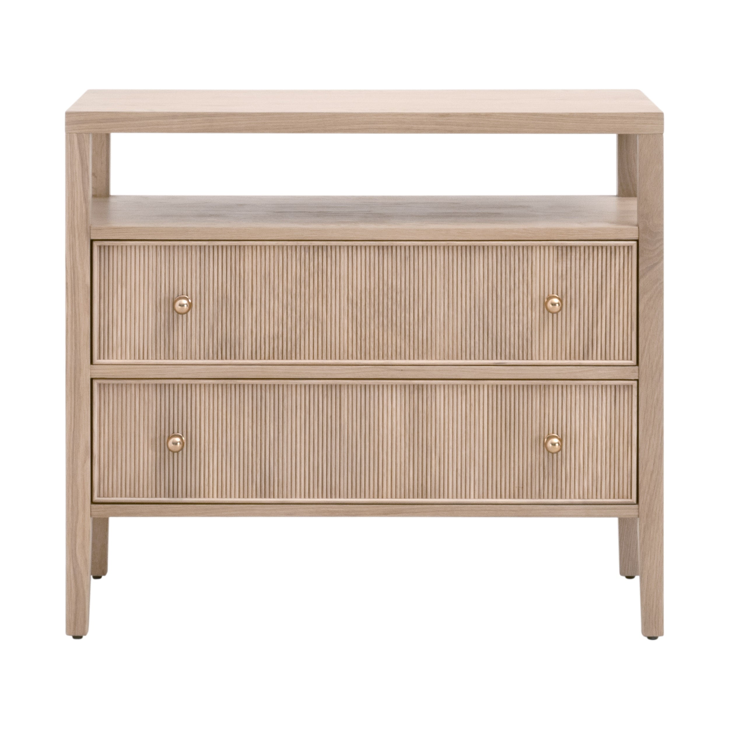 Table de chevet transitionnelle en chêne massif 2 tiroirs avec façades cannelées et étagère ouverte pour chambre à coucher