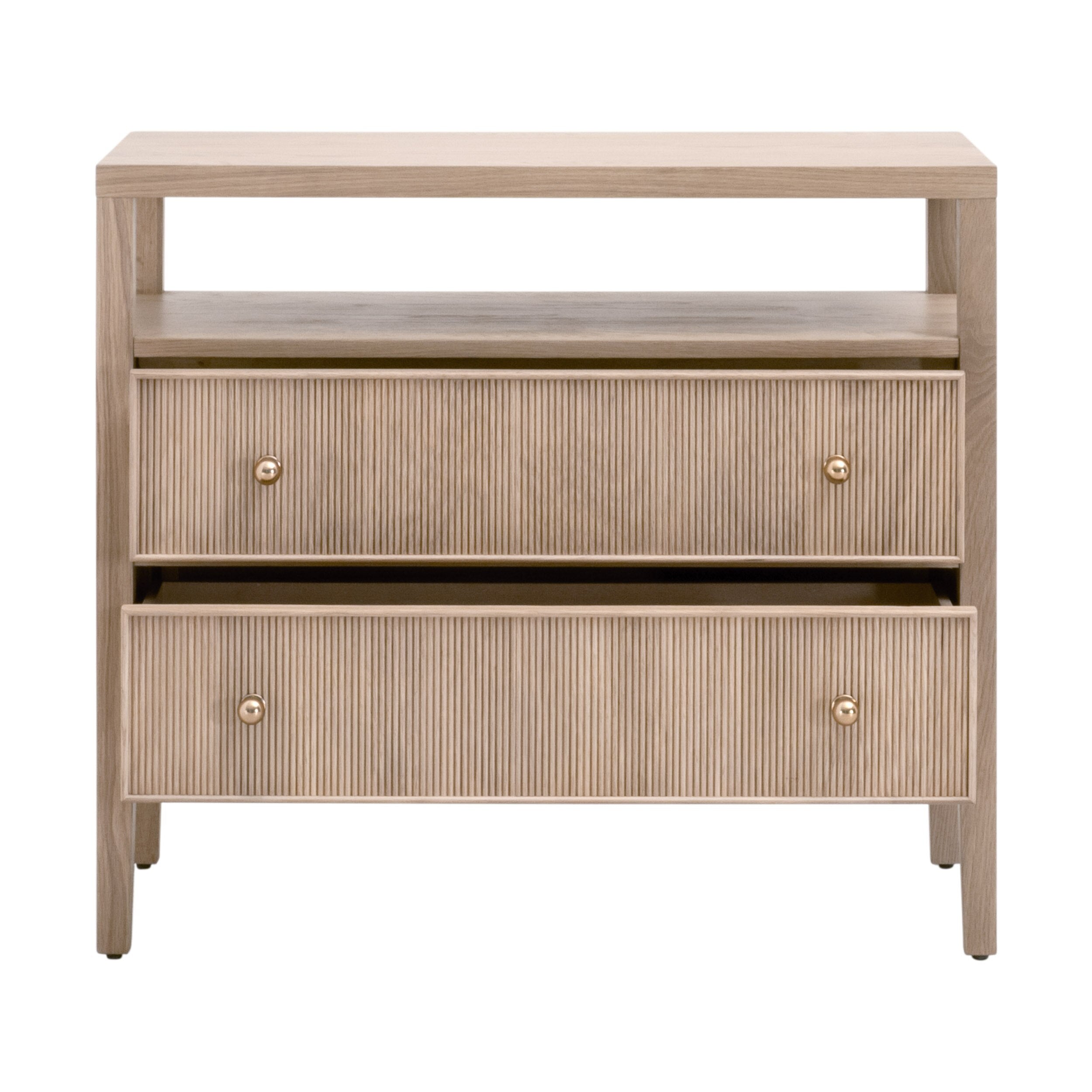 Table de chevet transitionnelle en chêne massif 2 tiroirs avec façades cannelées et étagère ouverte pour chambre à coucher