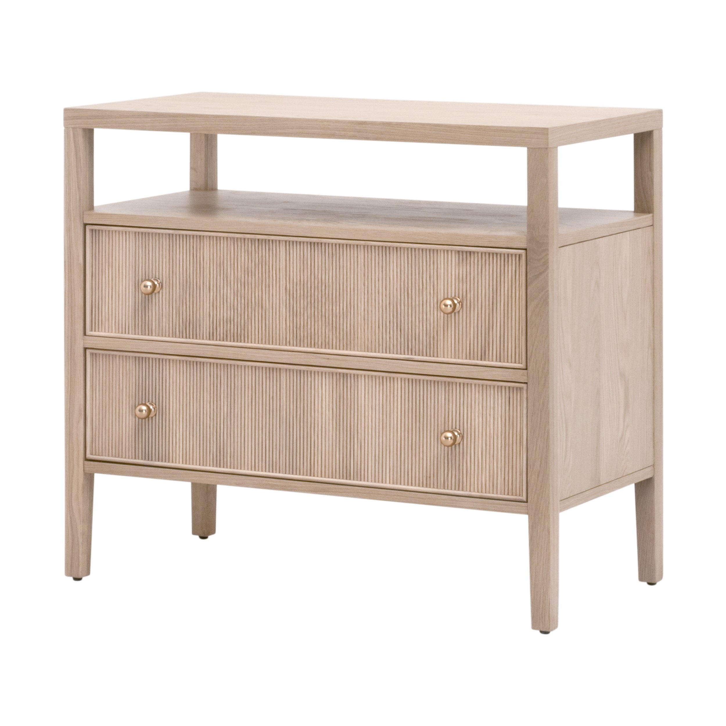 Table de chevet transitionnelle en chêne massif 2 tiroirs avec façades cannelées et étagère ouverte pour chambre à coucher