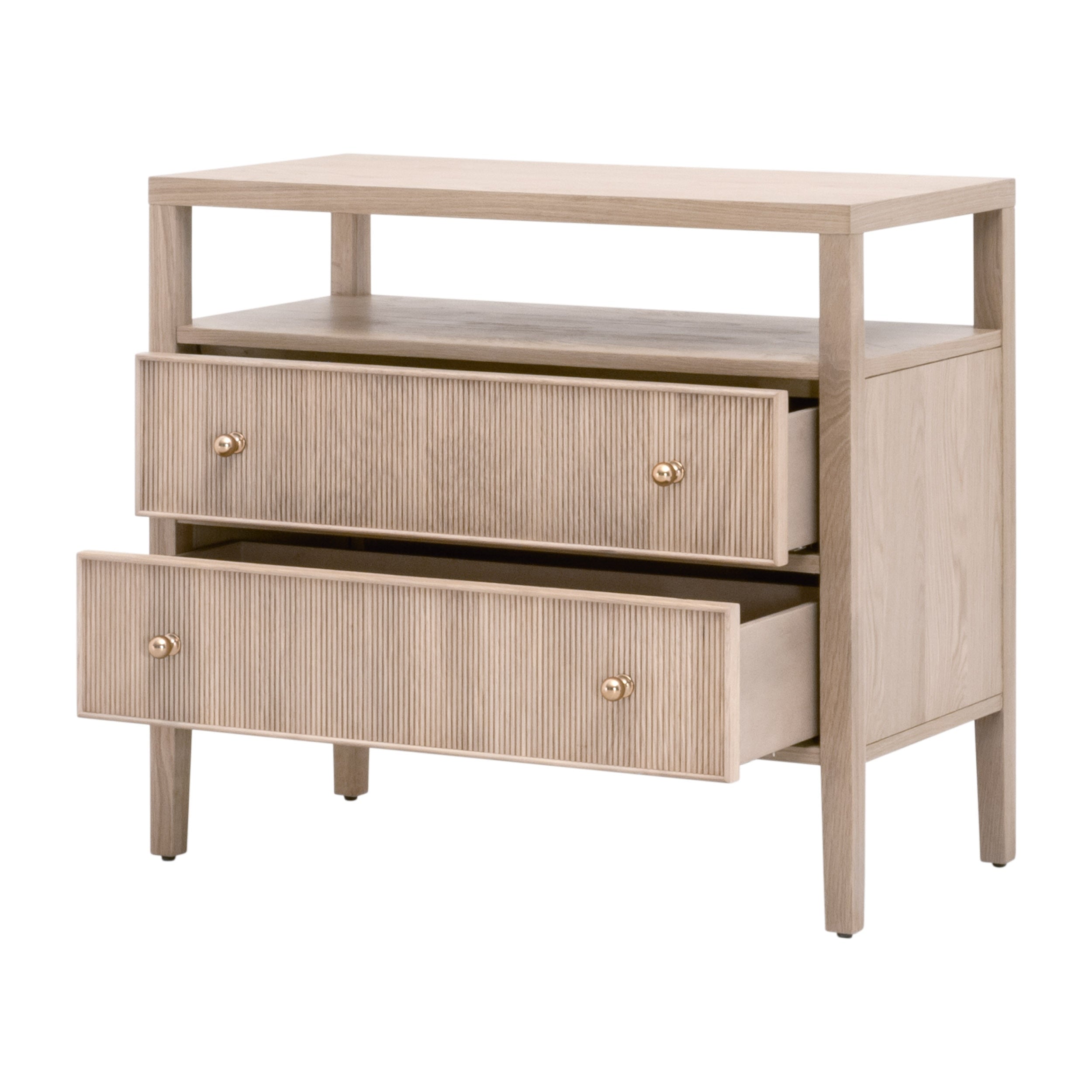 Table de chevet transitionnelle en chêne massif 2 tiroirs avec façades cannelées et étagère ouverte pour chambre à coucher