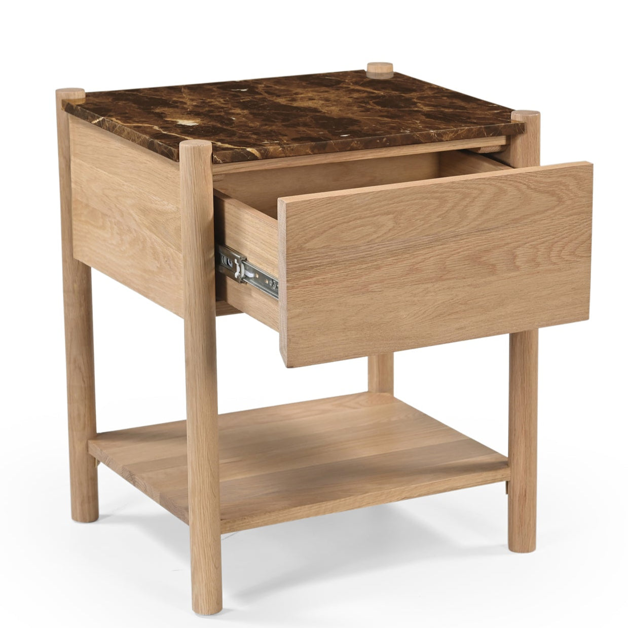 Table de chevet en marbre Emperador et chêne massif avec plateau en pierre foncée pour chambre à coucher