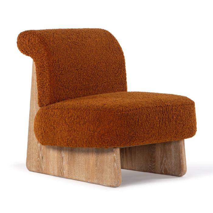 Fauteuil moderne classique en bouclette et chêne massif avec piètement luge pour salon ou bureau