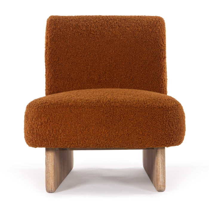 Fauteuil moderne classique en bouclette et chêne massif avec piètement luge pour salon ou bureau