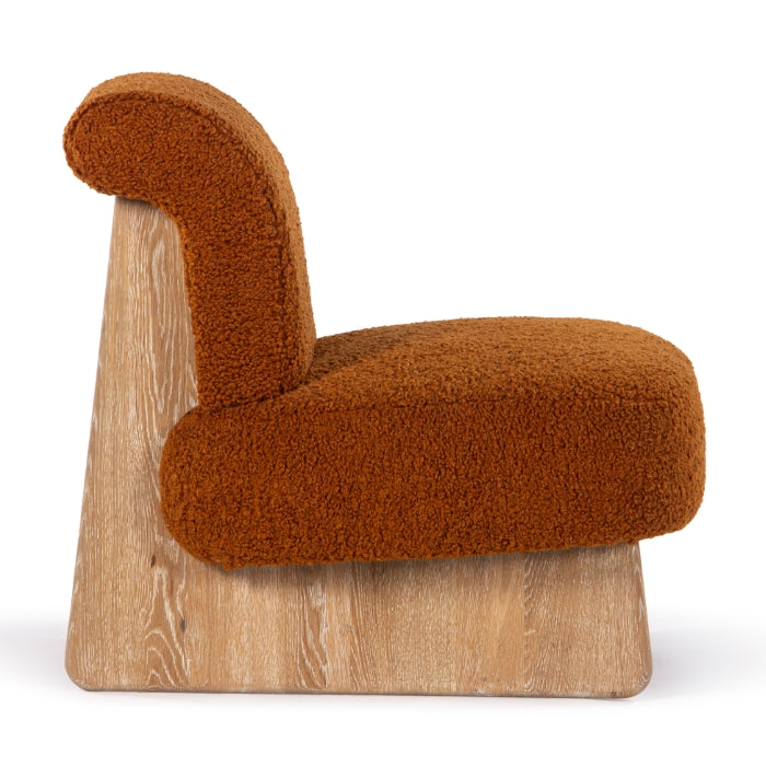 Fauteuil moderne classique en bouclette et chêne massif avec piètement luge pour salon ou bureau