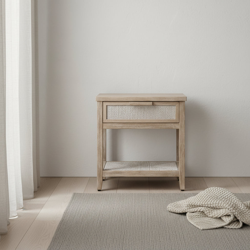 Table de chevet à 1 tiroir en corde d'abaca tressée et bois, texture naturelle, aucun assemblage requis pour chambre à coucher