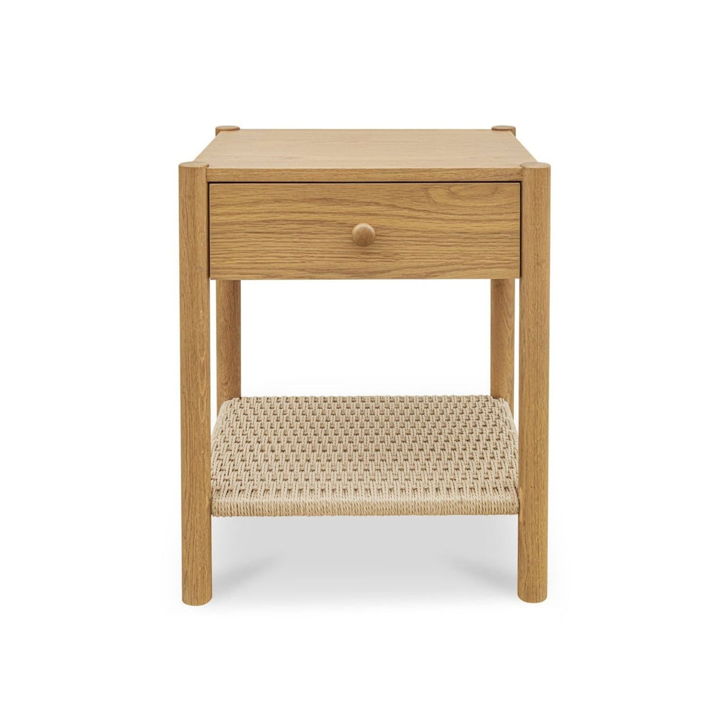 Table de chevet discrète en corde de papier tressée et chêne massif avec tiroir à fermeture amortie et étagère ouverte pour chambre à coucher