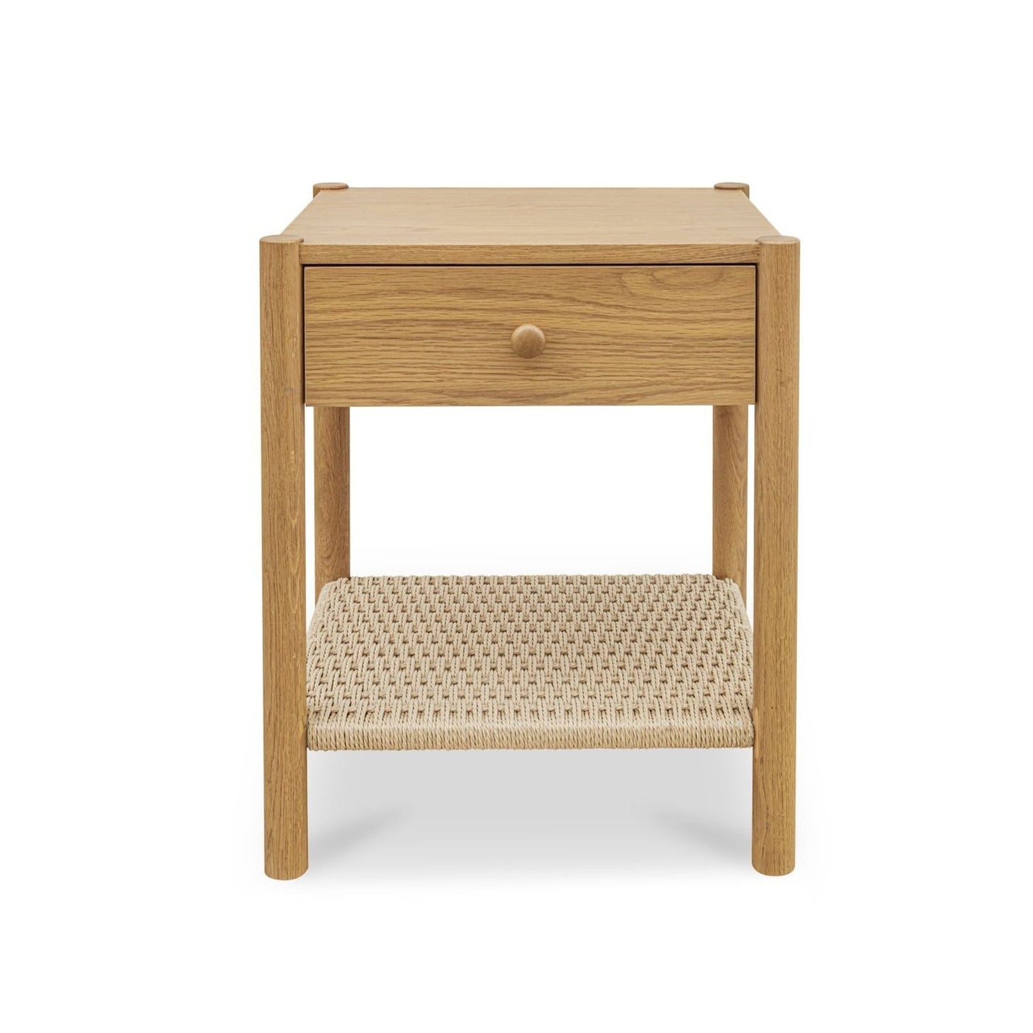 Table de chevet discrète en corde de papier tressée et chêne massif avec tiroir à fermeture amortie et étagère ouverte pour chambre à coucher