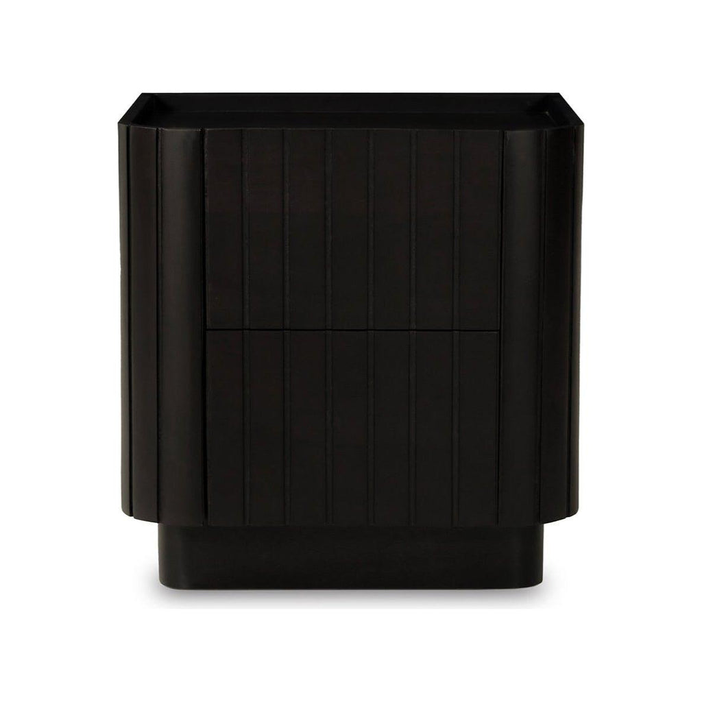 Table de chevet moderne noire en acacia massif avec texture nervurée et tiroirs à fermeture douce pour la chambre