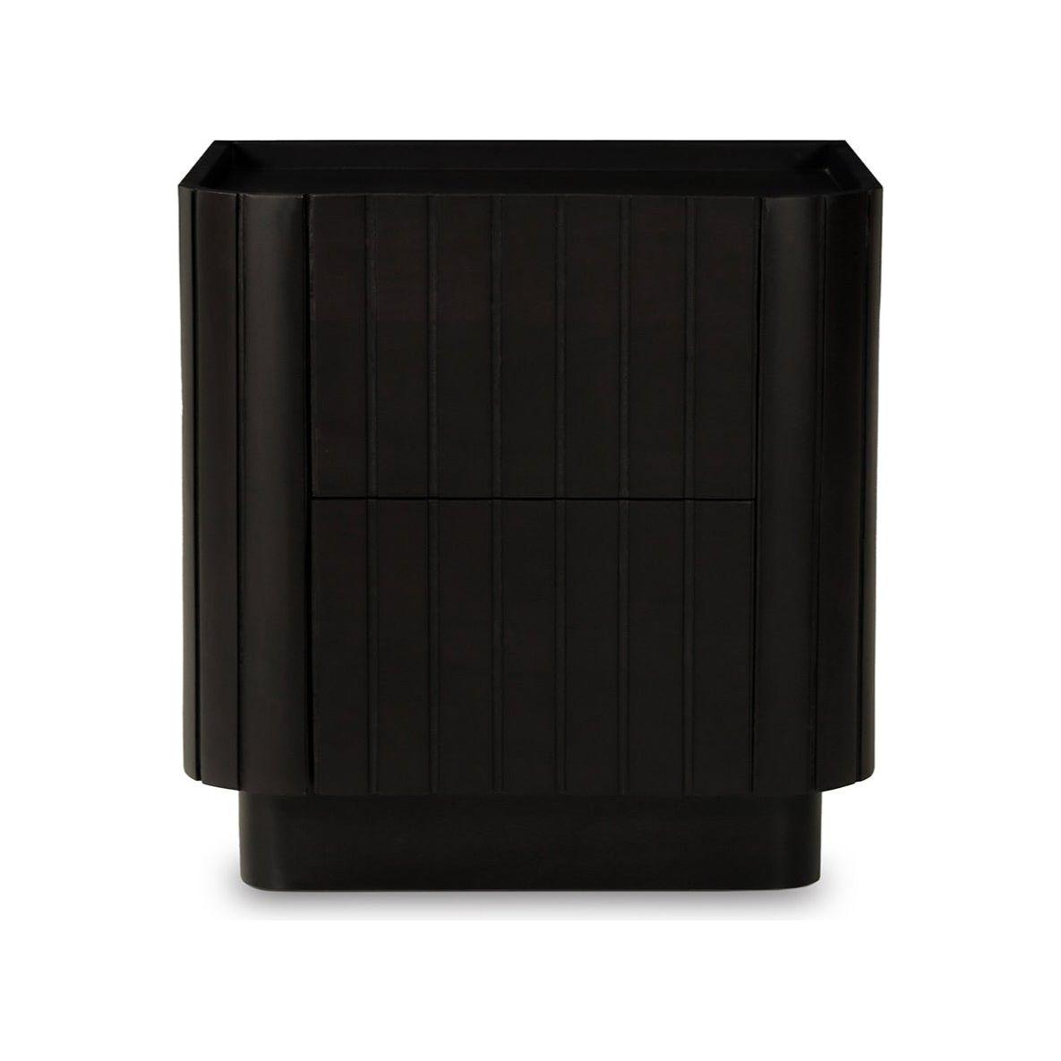 Table de chevet moderne noire en acacia massif avec texture nervurée et tiroirs à fermeture douce pour la chambre