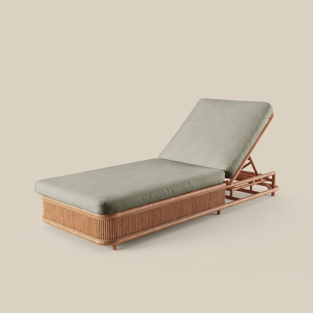 Bain de soleil d'extérieur élevé en rotin régénérateur et biosourcé, avec coussin certifié OEKO-100, pour jardin ou piscine