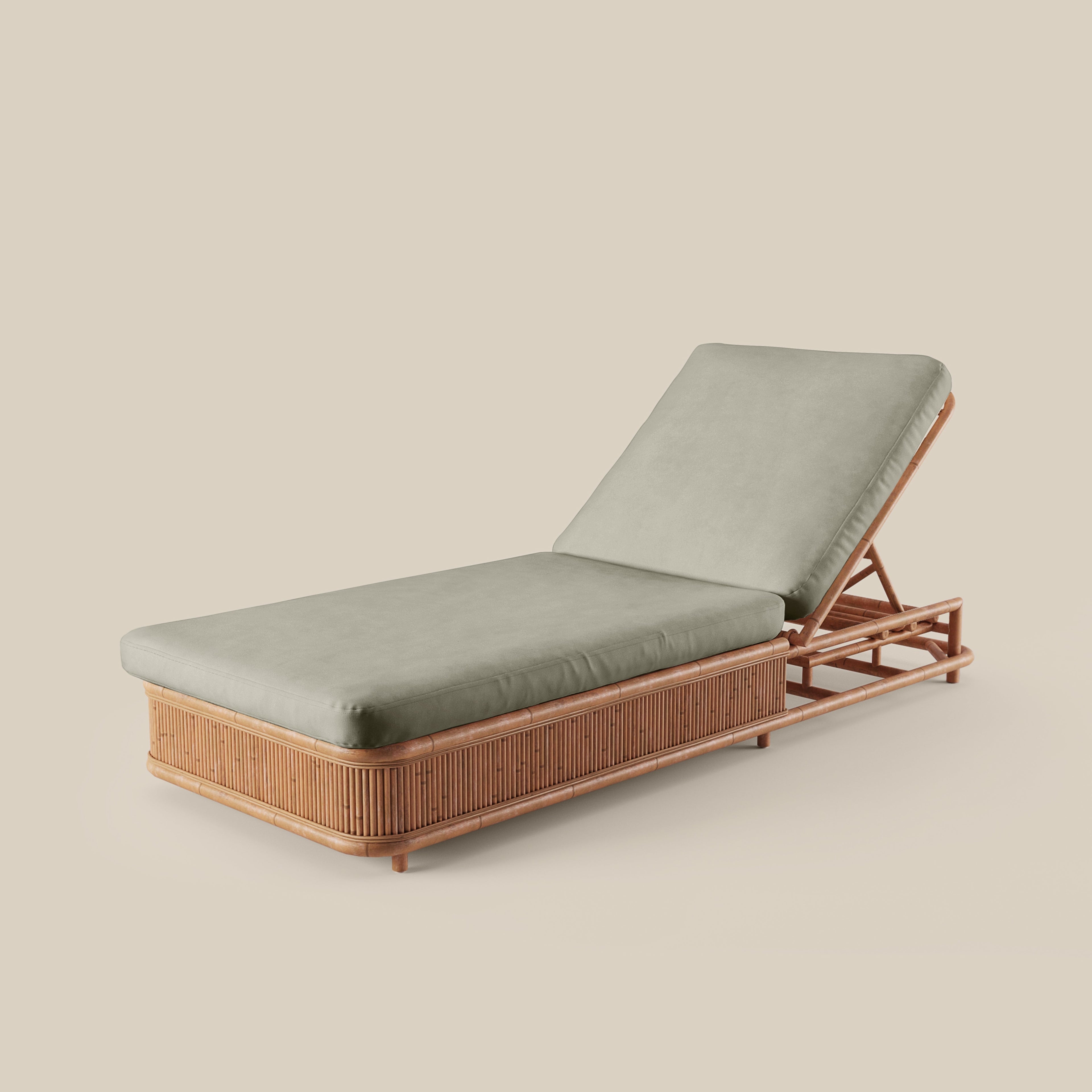 Bain de soleil d'extérieur élevé en rotin régénérateur et biosourcé, avec coussin certifié OEKO-100, pour jardin ou piscine