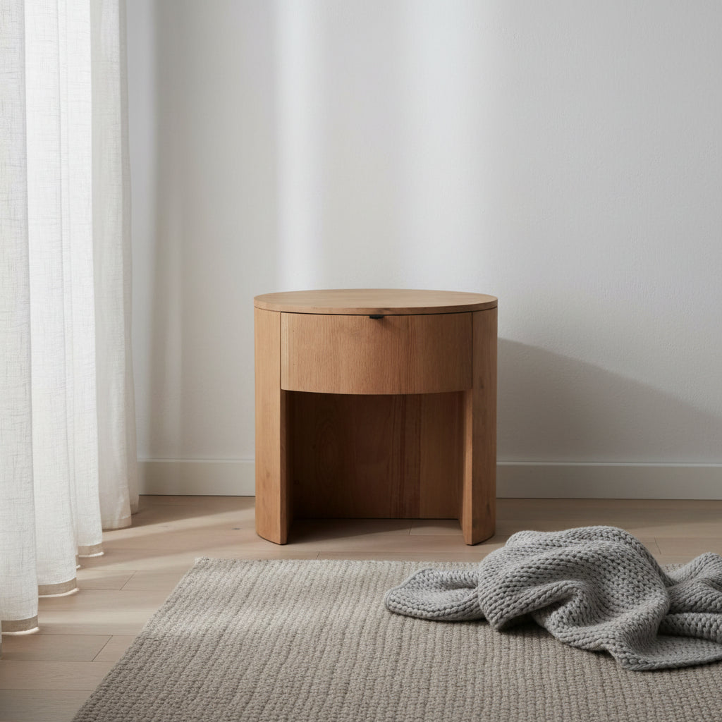 Table de chevet minimaliste en chêne massif courbé à 1 tiroir avec glissières à fermeture douce et poignée métallique pour chambre à coucher